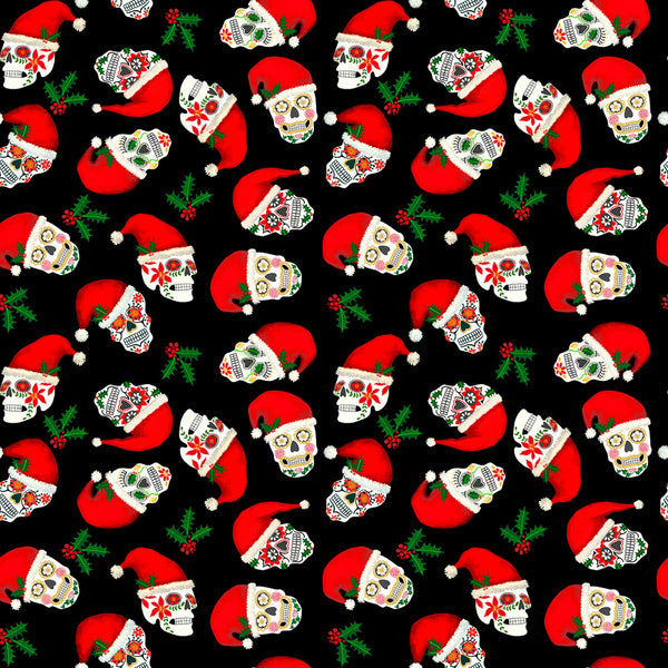 Christmas Sugar Skulls Black FUN-C8455-BLACK - Quilting by the Bay