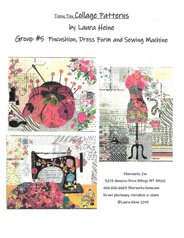 Teeny Tiny Collage Pattern Group 5 Pincushion, Sewing Machine, and Dress Form - Quilting by the Bay