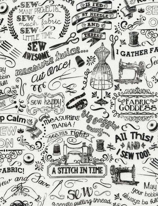 Fabric Goddess White Sewing Words GAIL-C3417-WHITE - Quilting by the Bay