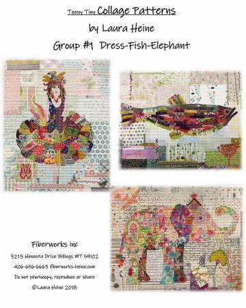Teeny Tiny Collage Pattern Group 1 Fish, Dress, and Elephant - Quilting by the Bay