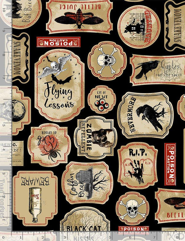 Nevermore Black Spooky Labels WICKED-C8637-BLACK - Quilting by the Bay